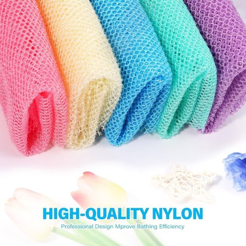 UJFQBH 5 Pieces African Bath Sponge African Net Long Net Bath Sponge Exfoliating Shower Body Scrubber Back Scrubber Skin Smoother,Great for Daily Use (Purple, Pink, Green, Blue, White)