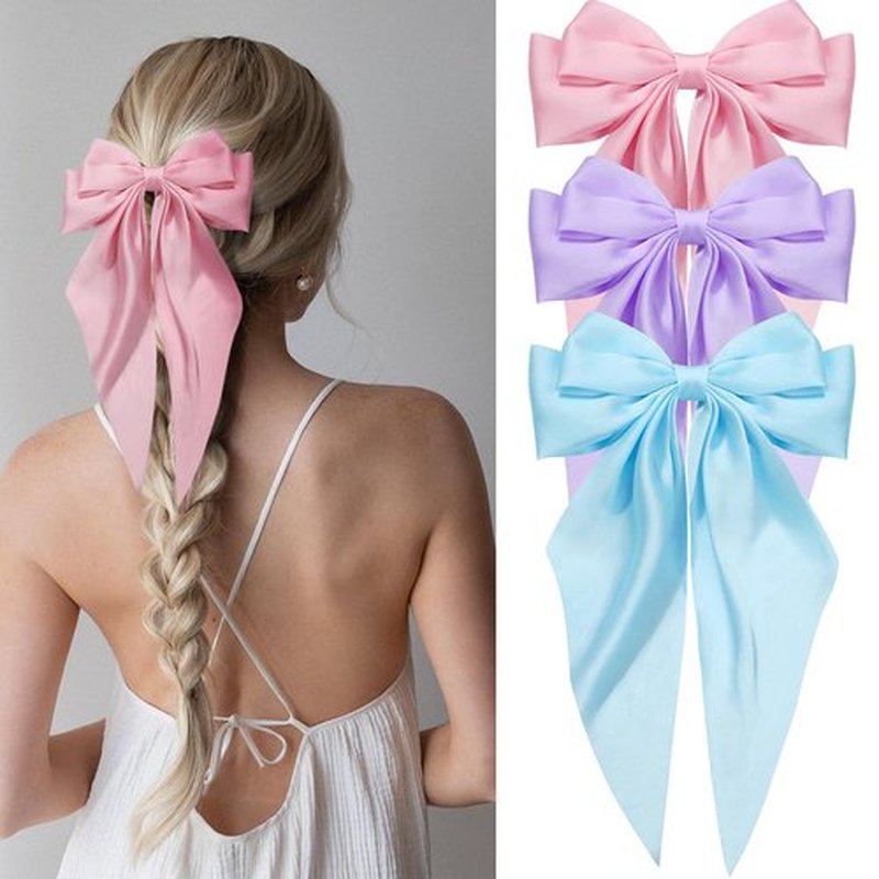 Hair Bows for Women Girls Silky Satin Big Bows Hair Barrettes Oversized Hair Accessories Long Tail Hair Ribbons -3Pcs -Sky Blue Pink Lilac