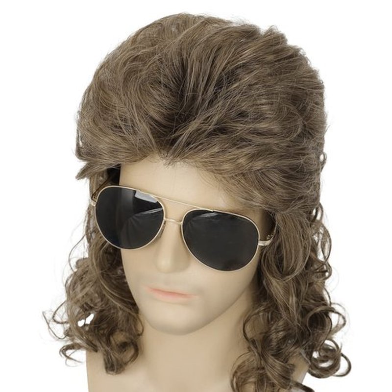Dai Cloud Mens Mullet Wig Long Curly Brown 80s Wigs Heat Resistant Halloween Costumes Party Hair Wigs for Male Guys (Light Brown)