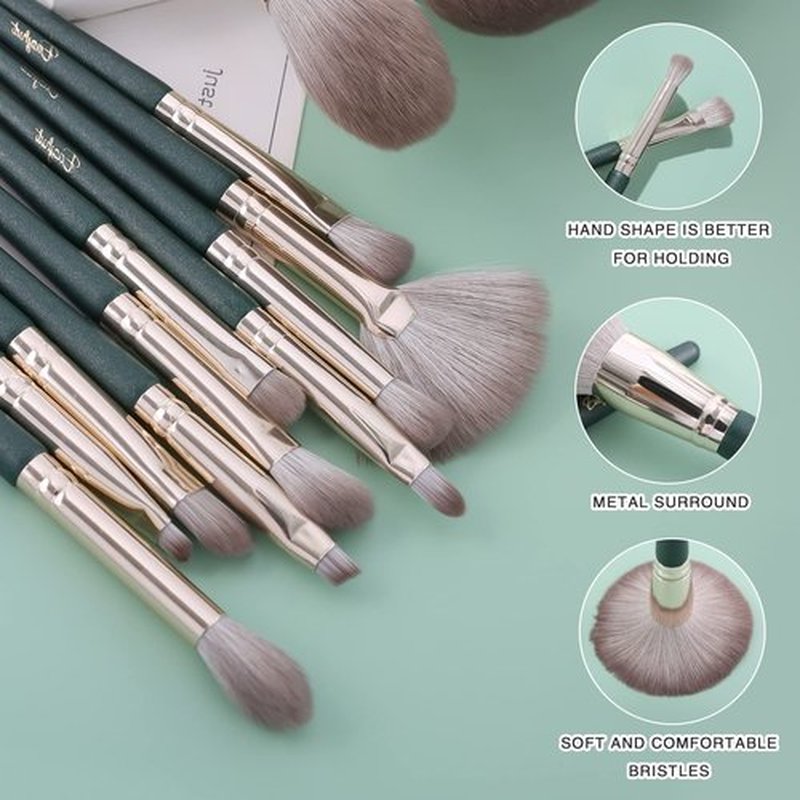 Makeup Brush Set 16 Pcs Premium Synthetic Kabuki Foundation Powder Concealer Brushes for Face Cosmetic Eyeshadow Eyebrow Eyeliner with Makeup Sponge Brush cleaner in Storage Case, (Green)