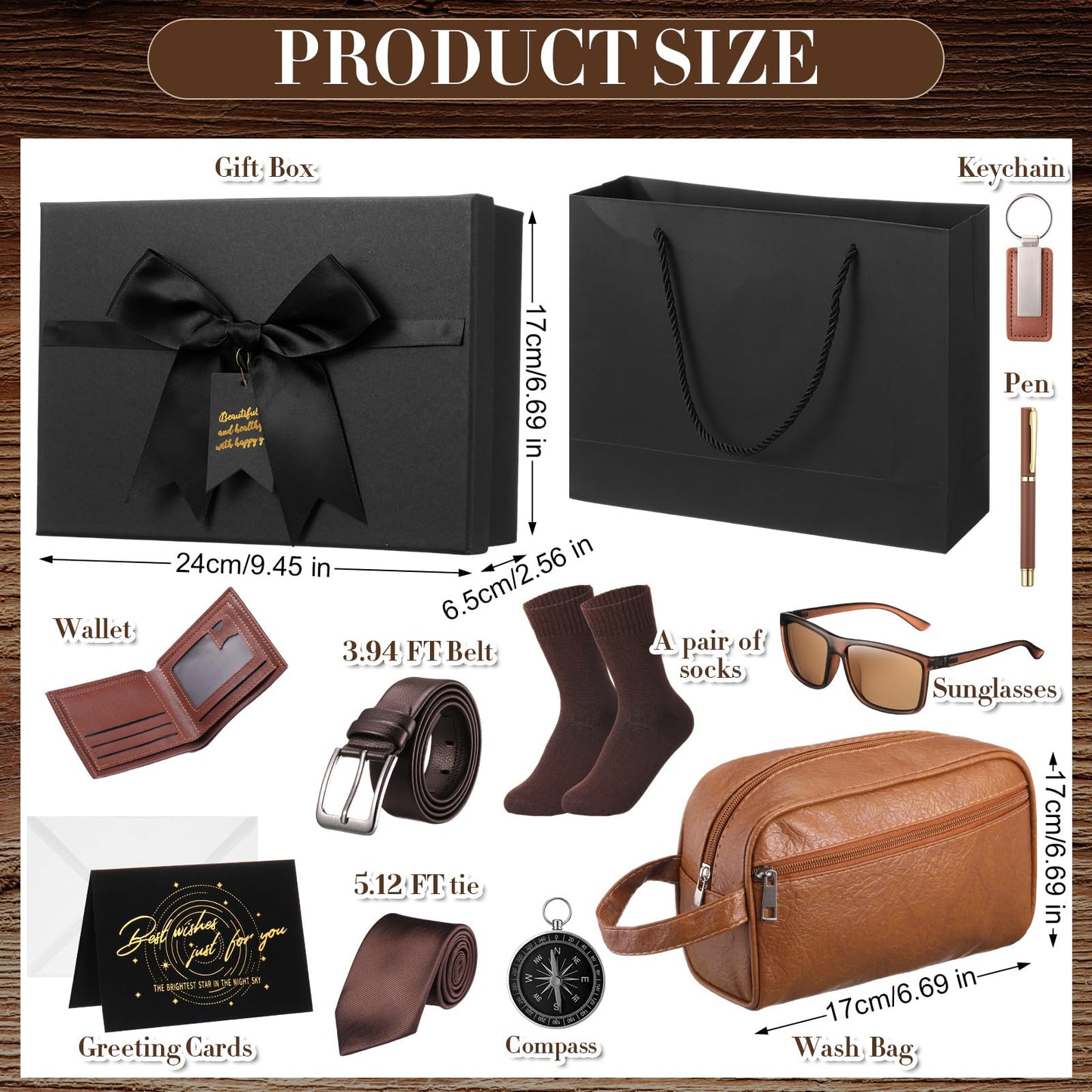 Geyoga 12 Pcs Men Birthdays Gift Set with Box for Men Him Basket Thank You Dad PU Leather Wallet Leather Toiletry Bag Tie Socks Belt Keychain Sunglasses Pen Compass Set(Brown)