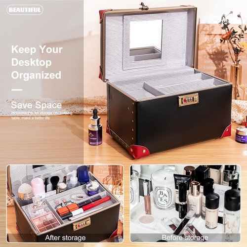 urecity Portable Retro Leather Makeup Train Case Cosmetic Organizer Case Leather Storage Box with Combination Lock (12.5", Black)