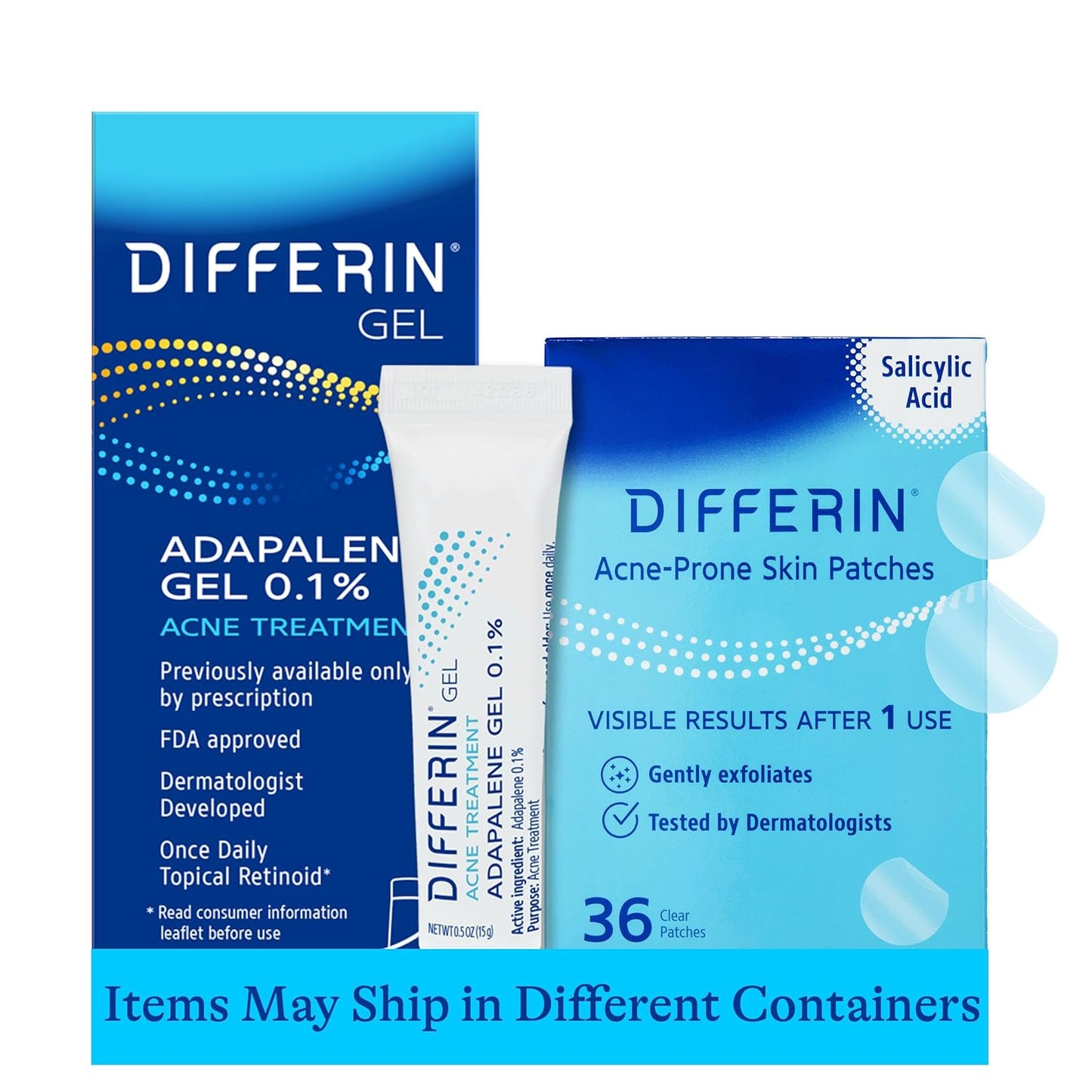 Differin Acne Treatment Gel & Power Patch Set - 36 Acne Patches (18 Large, 18 Small) with 0.1% Adapalene - Perfect Mother's Day Gift