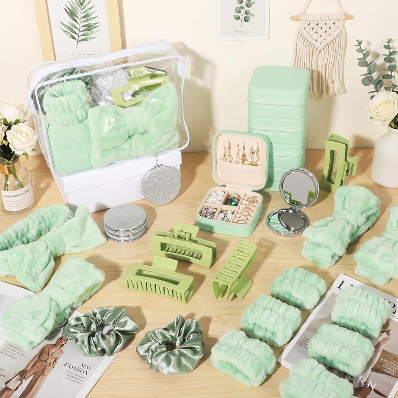 Suncalla 48 Pcs Spa Party Favors | Bridesmaid Proposal Gifts & Sleepover Supplies - Green Headbands, Scrunchies, Jewelry Case, Makeup Bag & Mirror