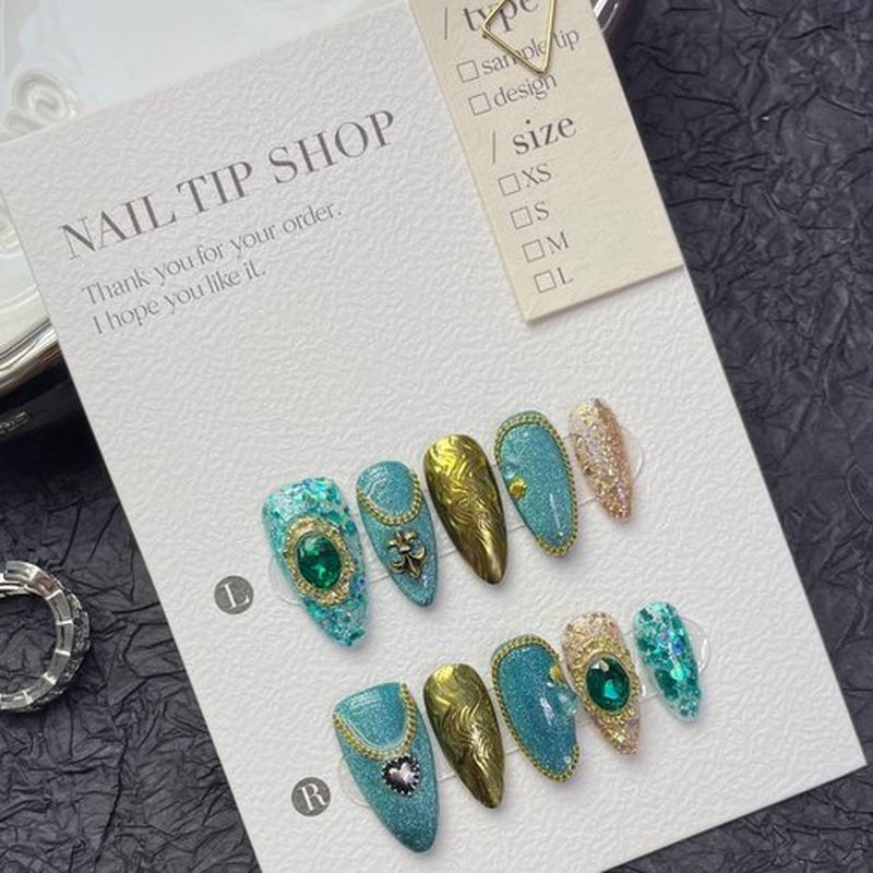 CAMILCY Handmade Nails Press on Almond Nail Pointed Green Gold Crystal Glitter Design Hand painted Reusable Gel UV Finished Pre shaped False Nails for Women 10pcs 3D Handmade Nails (A014 L)