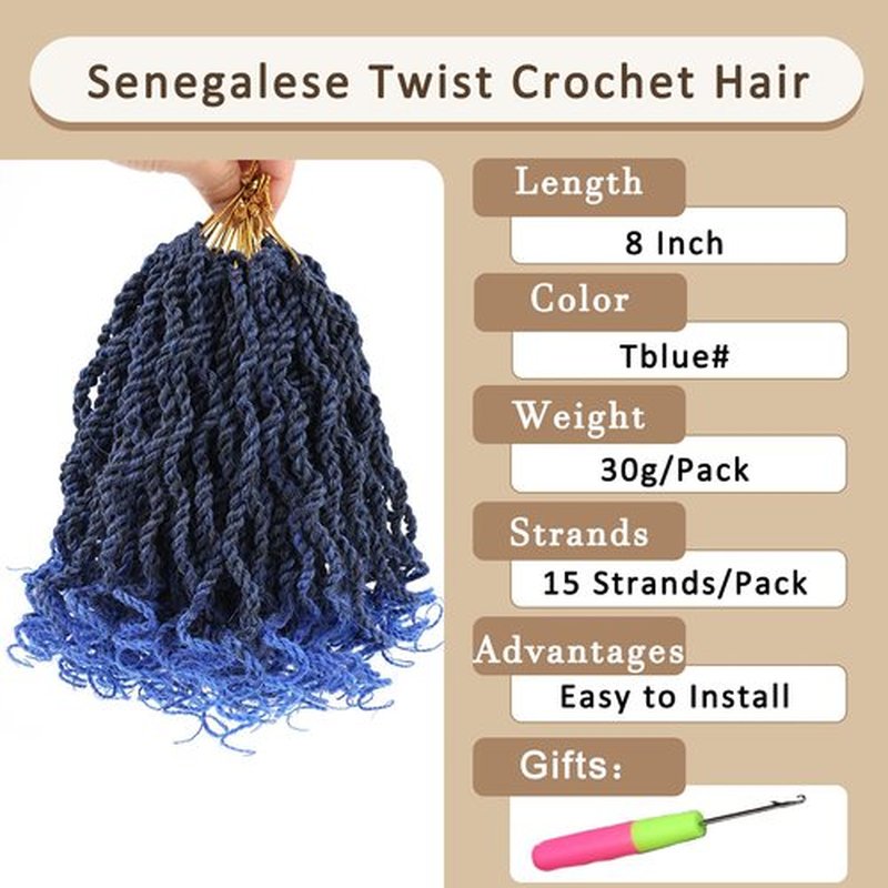 Kachanaa 8 Inch Wavy Senegalese Twist Crochet Hair With Curly Ends 8 Packs Synthetic Short Pre-Looped Kids Twisted Crochet Hair Havana Twist Braiding Hair Extension for Women Tblue#