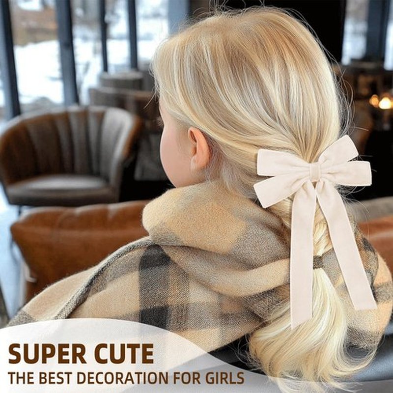 2PCS Beige Hair Bows Soft Velvet Bow Hair Clip with Long Tail Hair Accessories for Women Girls Toddlers