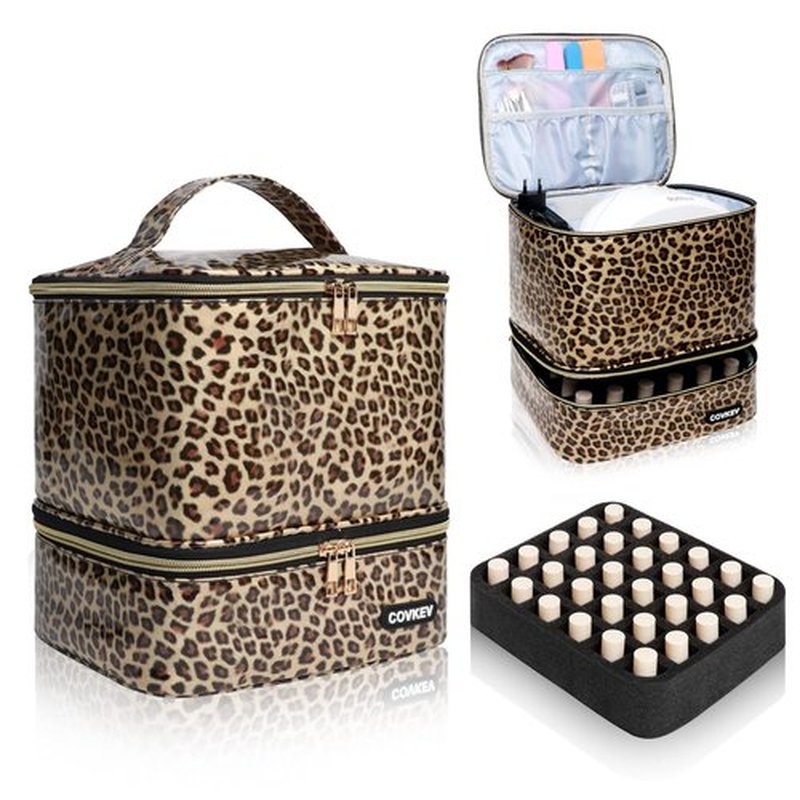 Covkev PU Leather Nail Polish Organizer Bag Holds 30 Bottles (15ml - 0.5 fl.oz) & Nail Lamp, Portable Nail Kit Storage Carrying Case, Double Layer Nail Supplies Organizer Handbag (Leopard)