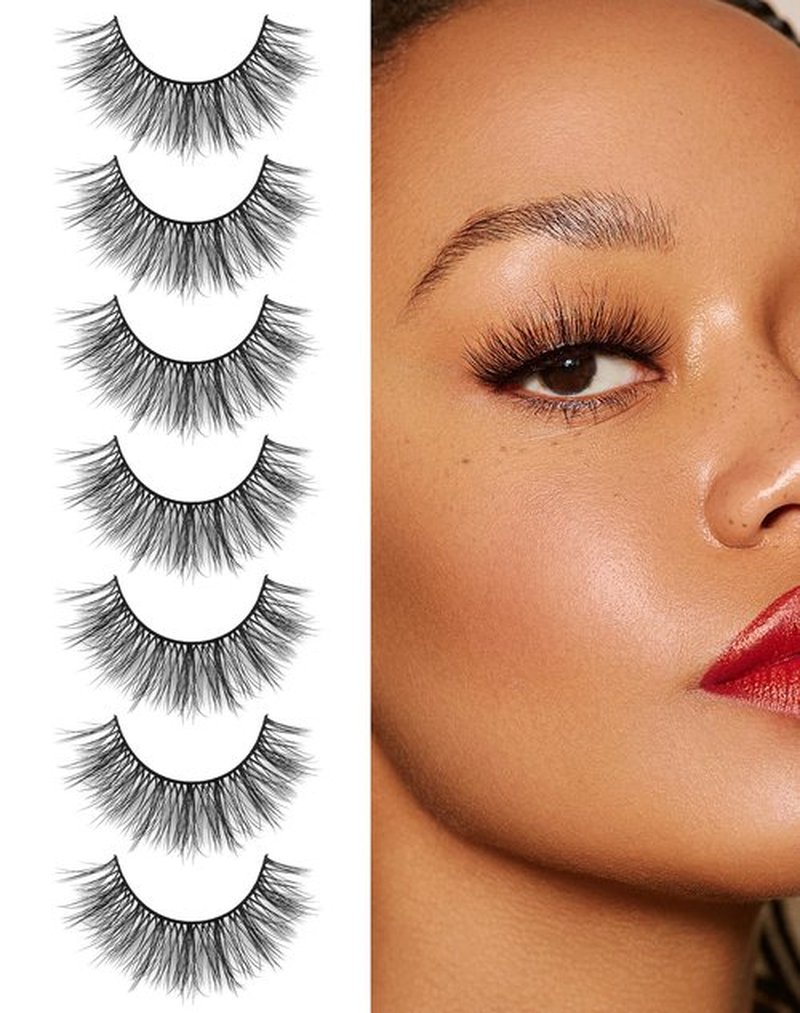 Jiocolor False Eyelashes Wispy Lashes Natural Look Lashes Soft Faux Mink Eyelashes 3D 6D Volume 7 Pairs Fluffy Lashes Fake Eyelashes Packs X1 Subtler Lashes