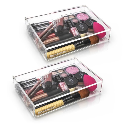 BROOKSTONE [2 PACK Makeup Organizer Acrylic Storage with Lid, Clear Plastic Display Box, Two Piece Cosmetic Case Measuring 7.75” x 5.25” x 1.8…