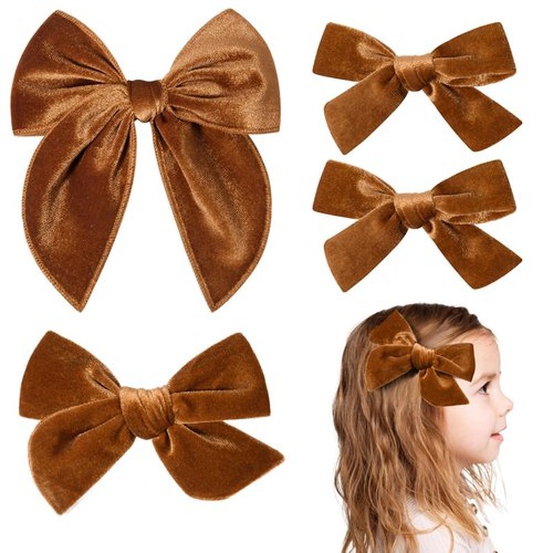 DEEKA 4 PCS Orange Brown Velvet Hair Bows 3 Styles 5" & 4" Handmade Hair Bow set for Toddler Girls Alligator Hair Clips Knot Bows Hair Accessories for Little School Girls (Orange Brown)