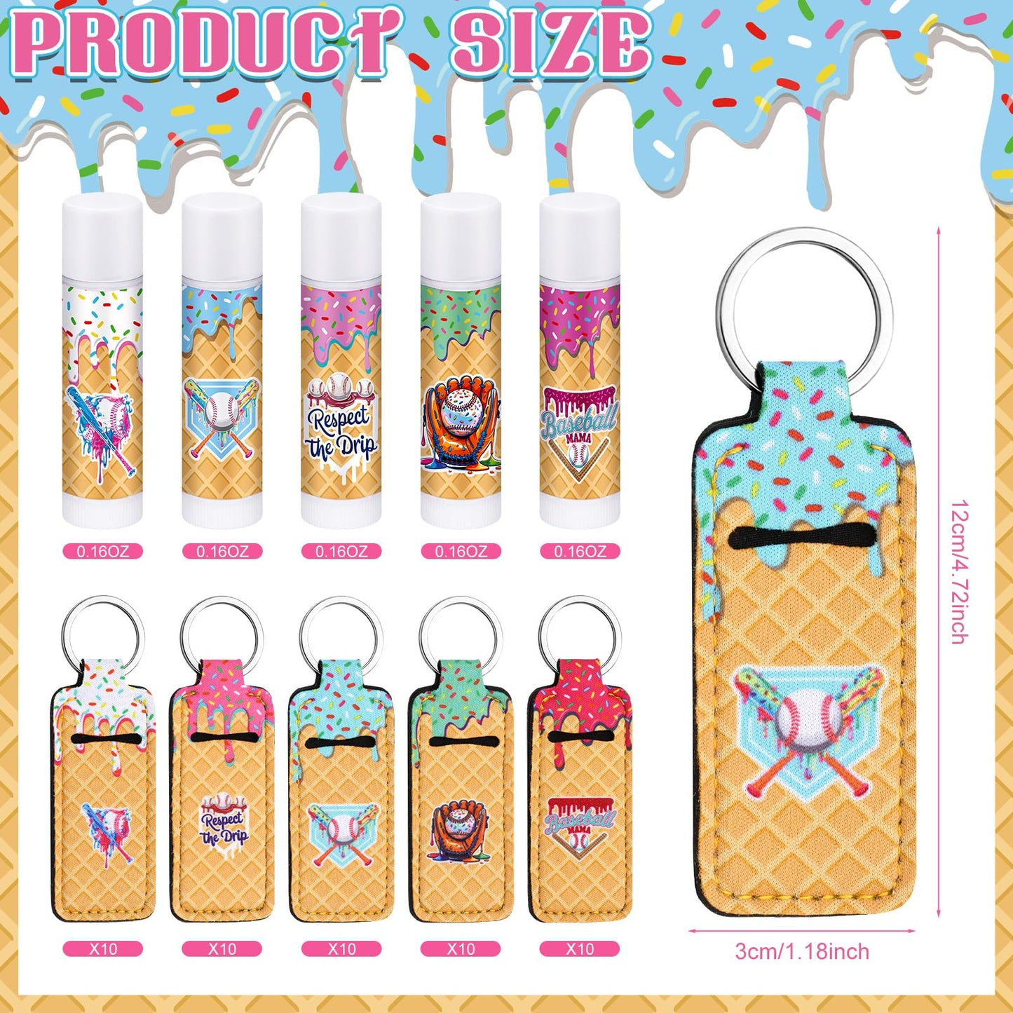 Siifert 50pcs/25 Baseball Drip Party Favors Gifts Bulk, Ice Cream Drip Baseball Lip Balm and Holder Keychain Ice Cream Softball Team Gifts Goodie Bags for Sports End of Season Team Teen Adult