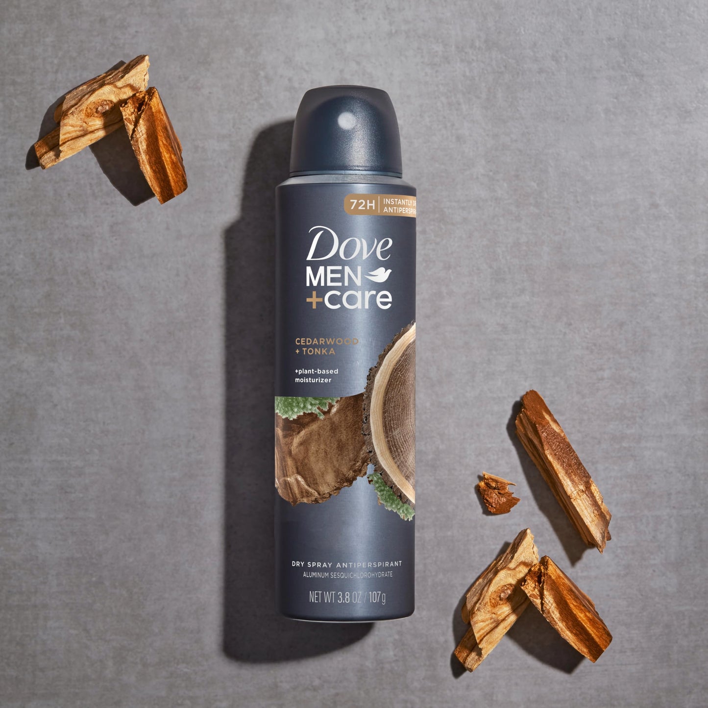 DOVE MEN + CARE Dry Spray Antiperspirant Cedarwood + Tonka 4 Count 72H Protection with a Plant-Based Moisturizer 3.8 oz