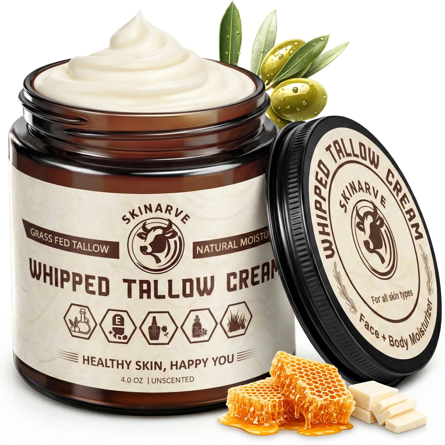 Beef Tallow for Skin 4oz Cream – Organic Whipped Tallow and Honey Balm, 100% Grass Fed Beef Tallow for Face, Natural Tallow Moisturizer Dry Skin, Tallow Balm Body Butter Eczema Lip Balm Unscented