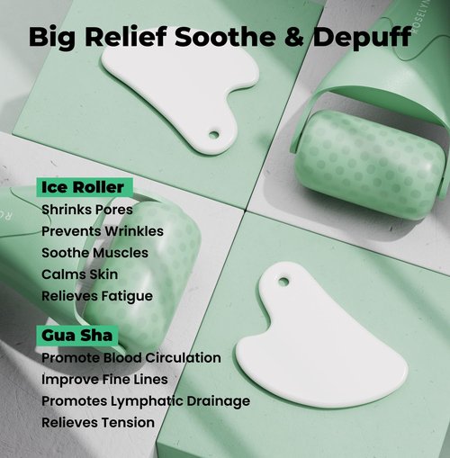 ROSELYNBOUTIQUE Ice Roller for Face Wrinkles Fine Lines Puffiness Stick Massager Facial Skin Care Tools Self Care Gifts for Men Women (Green & Guasha)