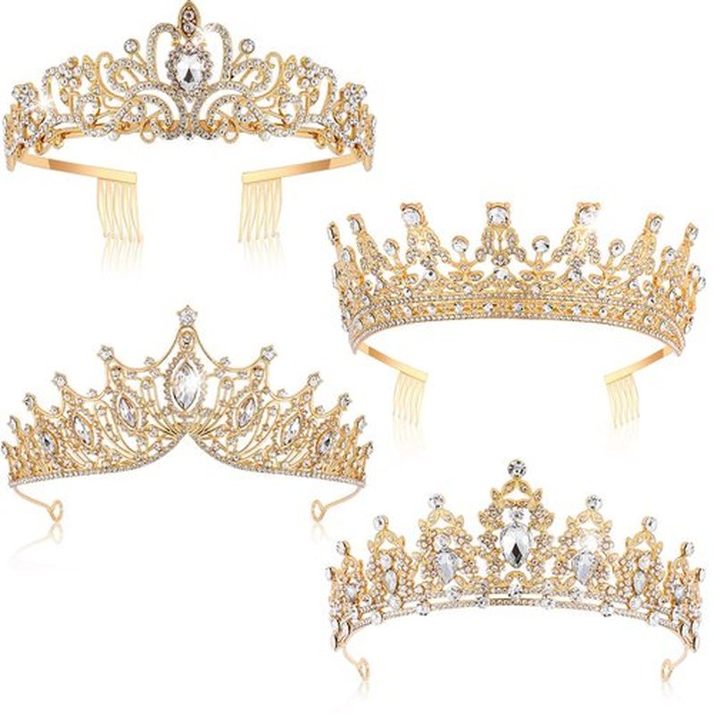 Kigeli 4 Pack Queen Crowns for Women Pageant Crown with Combs Princess Rhinestones Tiara Headband Tiara Comb Tiara for Women Comb Birthday Cosplay Wedding(Gold)