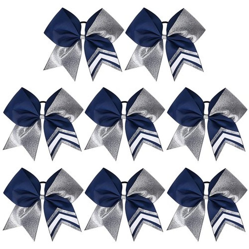 DEEKA 8PCS 8" Two Toned Large Glitter Cheer Bows Shiny Cheer Hair Bows Ponytail Holder Handmade for Cheerleader Girls Softball Sports -g Silver/Navy