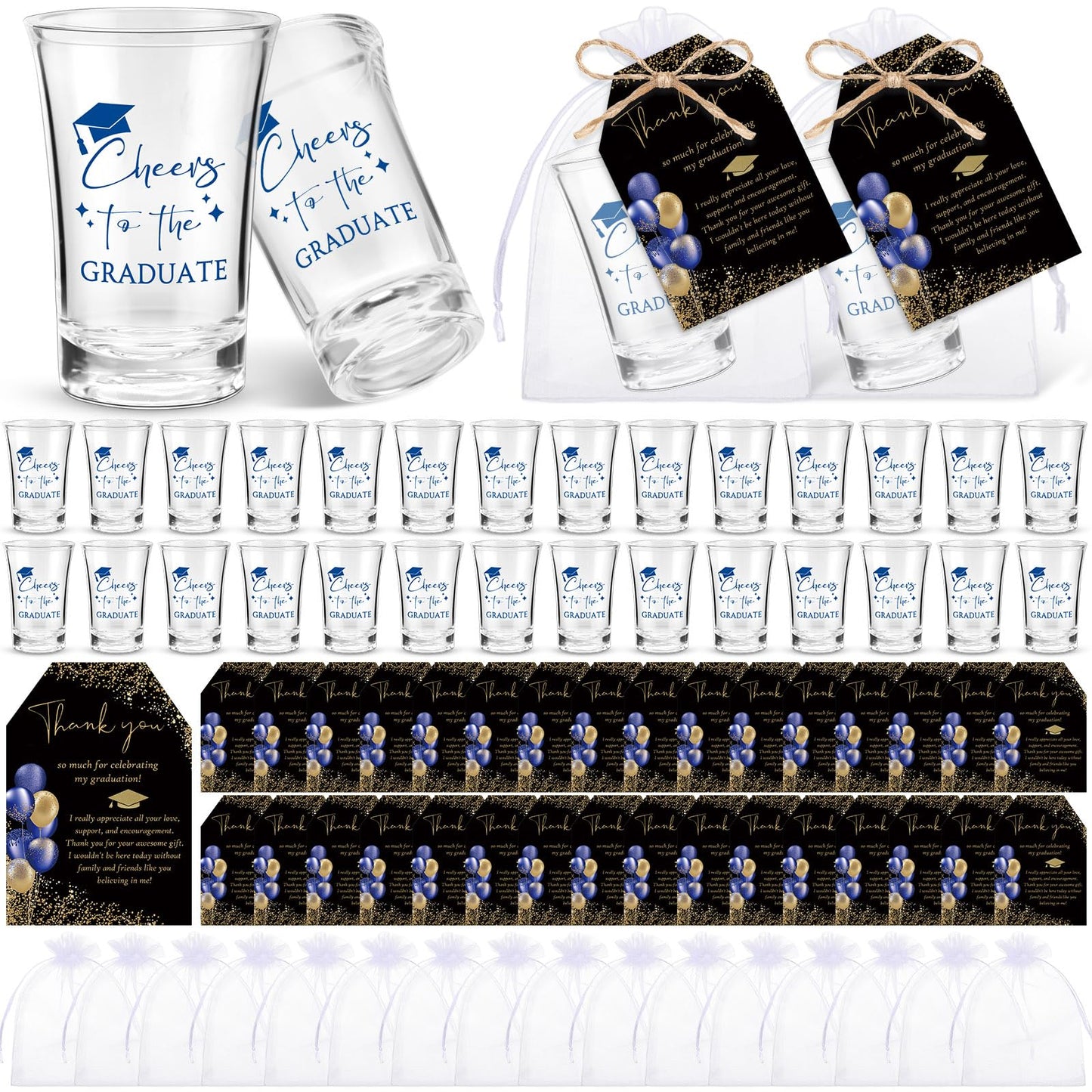 Maxcheck 50 Sets Graduation Party Favors for Guests Cheers to the Graduate Acrylic Shot Glasses with Thank You Cards and Organza Bags Graduation Gifts for Teacher Classmates Family(Blue)