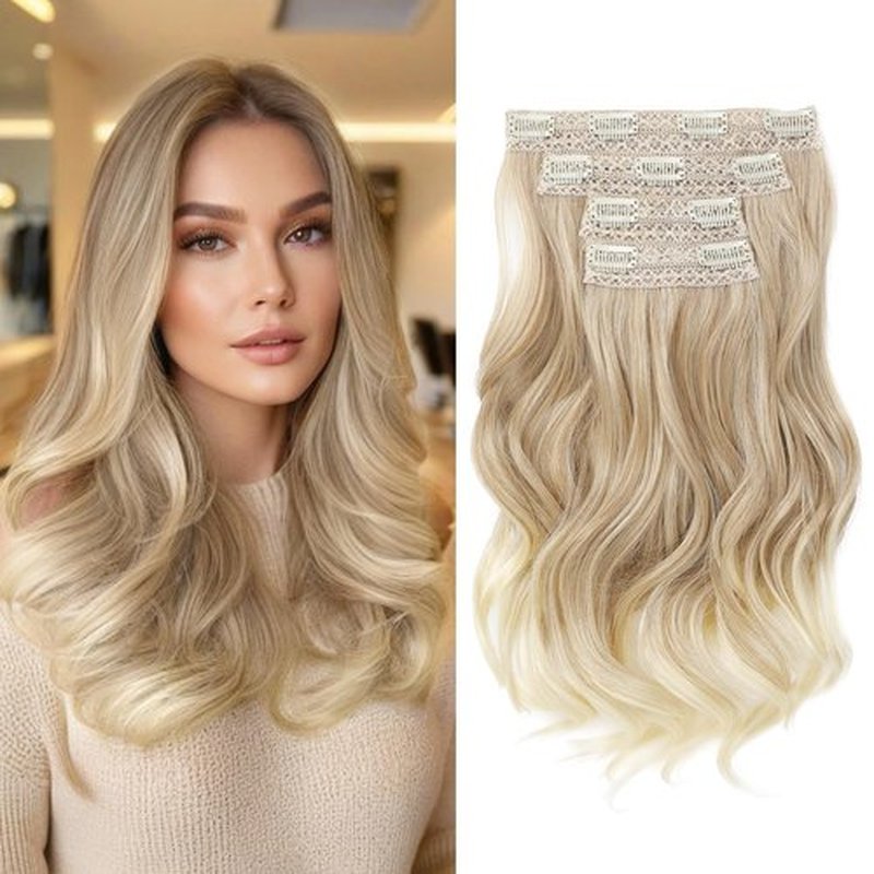 HOOJIH Hair Extensions, Clip in Hair Extensions 4PCS Hair Extension 14" Short Curly Clip on Hair Extensions Invisible Lace Weft Natural Soft Hairpieces for Women - Ombre Deep Blonde and Light Blonde