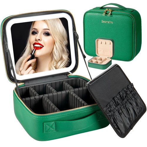 Seoneiro Makeup Travel Bag with LED Lighted Mirror Adjustable Brightness Portable Waterproof Makeup Case with Adjustable Dividers, Make up Train Case Organizer Makeup Brush Accessories and Tool Case