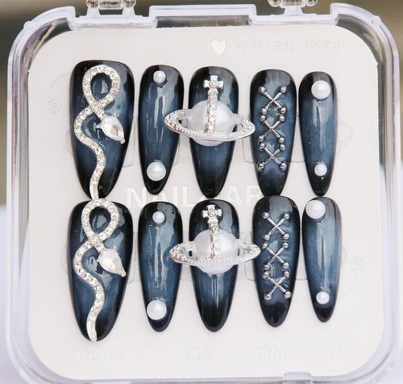 CAMILCY Handmade Nails Press on Almond Shaped Black Pearl Snake Design Hand Painted Reusable Gel UV Finished Pre Shaped False Nails for Women 10Pcs 3D Handmade Nails(A012 L)