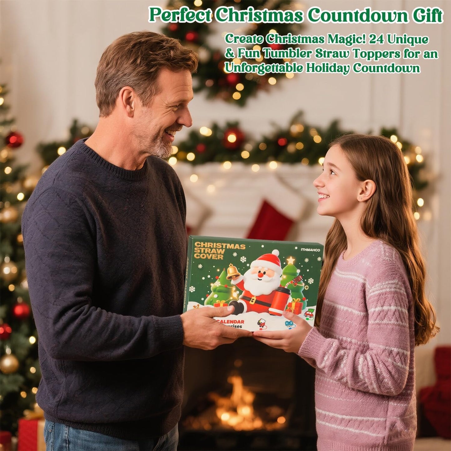 Straw Cover Advent Calendar 2025, Christmas Advent Calendar 2025, 24 Days of Surprises Gifts with 10mm Christmas Theme Straw Topper Caps for Cup 30Oz 40Oz Tumbler Adult Women Kids Teen Girls Boys