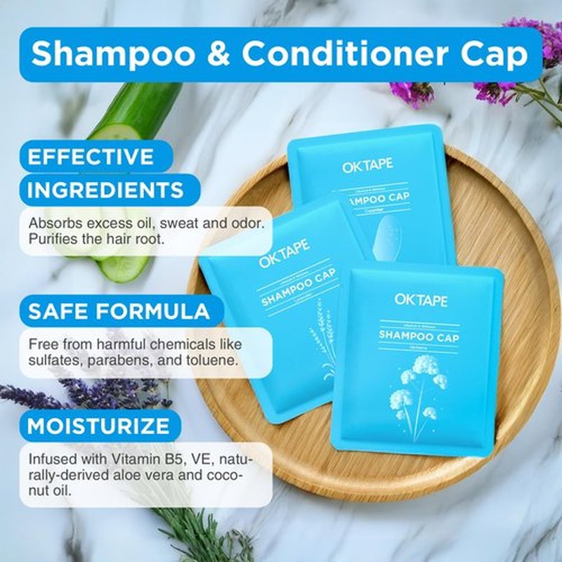 OK TAPE No Water Shampoo Caps (6 Pack) 3 Scents, Rinse Free Shower Cap for Elderly, After Surgery, Camping, Shampoo and Conditioner Hair Wash Cap