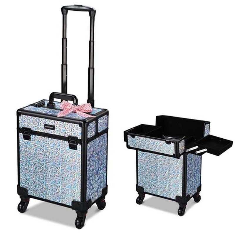 BYOOTIQUE Rolling Makeup Train Case Aluminum Cosmetic Case Portable Makeup Organizer Suitcase with Wheels 4 Tray Cosmetology Trolley Traveling Trunk for Makeup Artist Nail Tech Barber, Mermaid Silver