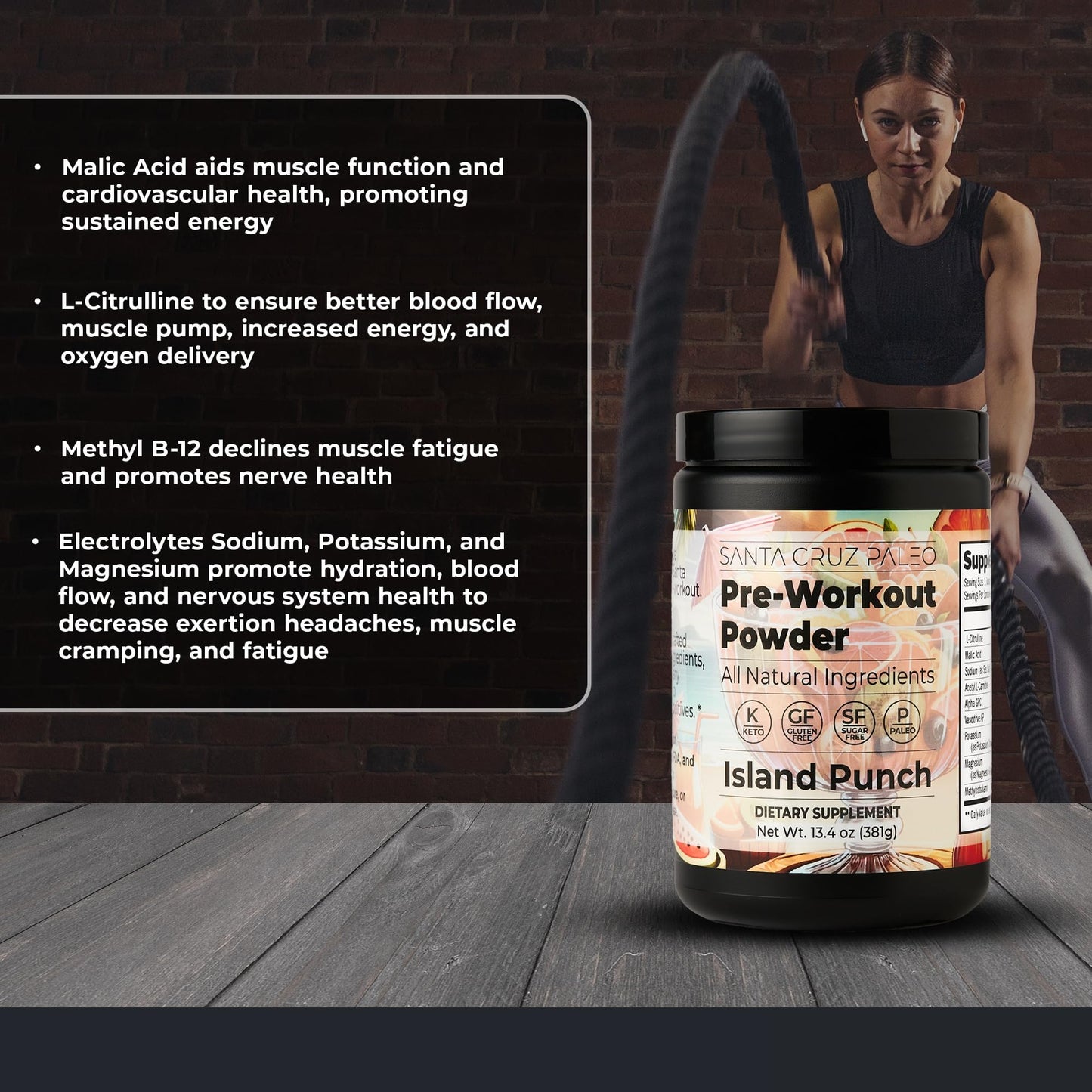 Santa Cruz Paleo Pre Workout Powder Electrolytes, Magnesium, Potassium, Sea Salt & L Citrulline, Caffeine & Sugar Free Preworkout Drink Mix for Energy & Hydration, Island Punch Flavor, 30 Servings
