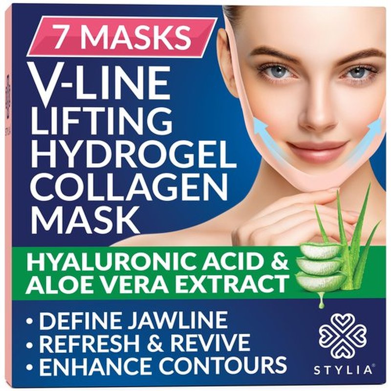Stylia Double Chin Mask - V Line Chin Strap - Toning Hydrogel Collagen Face Mask with Hyaluronic Acid & Aloe Vera - 7PC