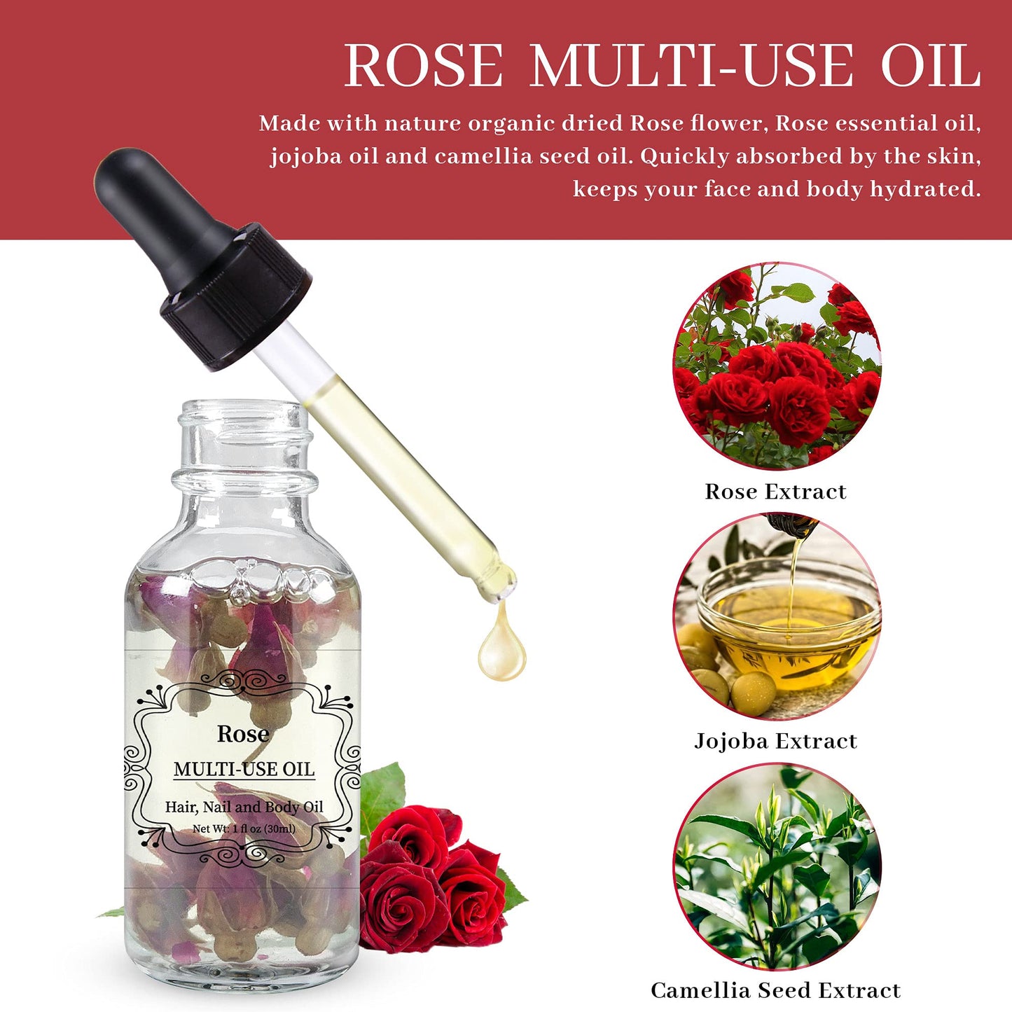 NP NATURES PHILOSOPHY Rose Multi-Use Oil, Plant Fragrant Essential Oil Rose Oil for Face, Hair, Body, Nails Care and Massage - 1 Fl Oz