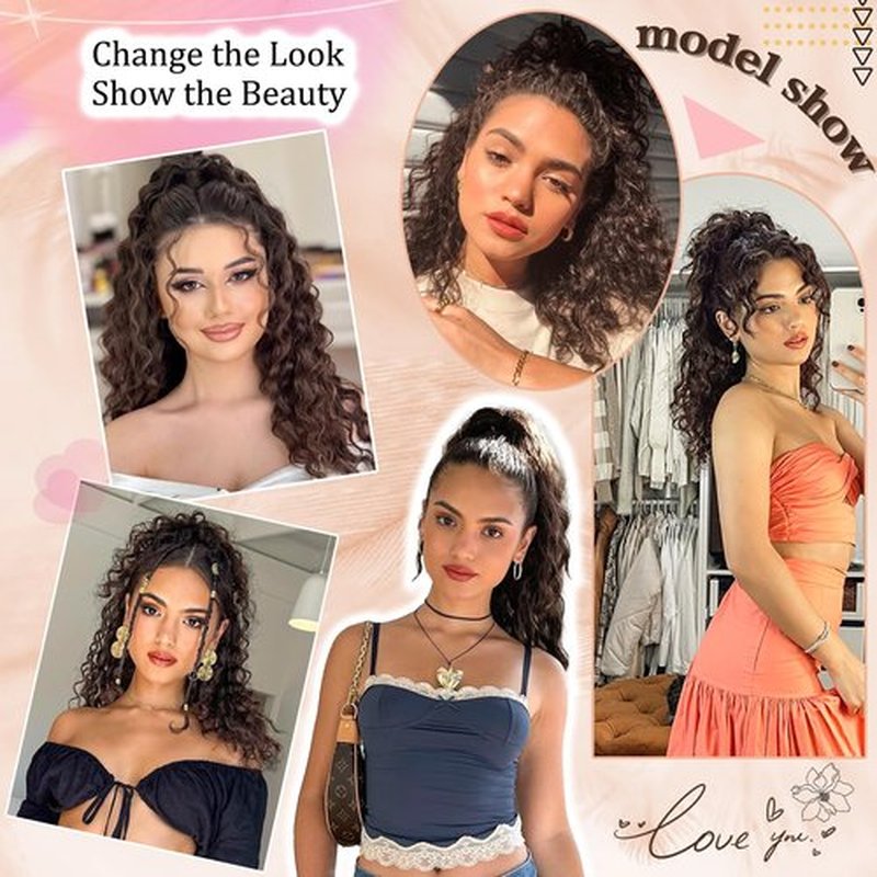 FREEMEIGE Ponytail Extension, Curly Drawstring Ponytail for Black Women Dark Brown Ponytail Hair Extensions 20 Inch Long Curly Wavy Synthetic Hair Clip in Ponytails Extension for Women