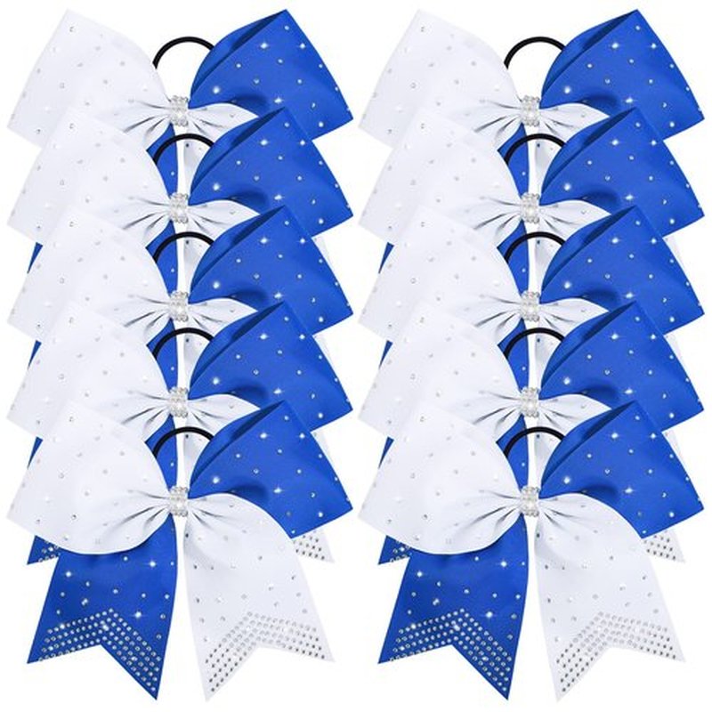DEEKA 10 PCS Rhinestones Two Toned Large Cheer Hair Bows 7" Glitter Cheer Ponytail Holder Handmade for Teen Girls Softball Cheerleader Sports -Royal Blue/White