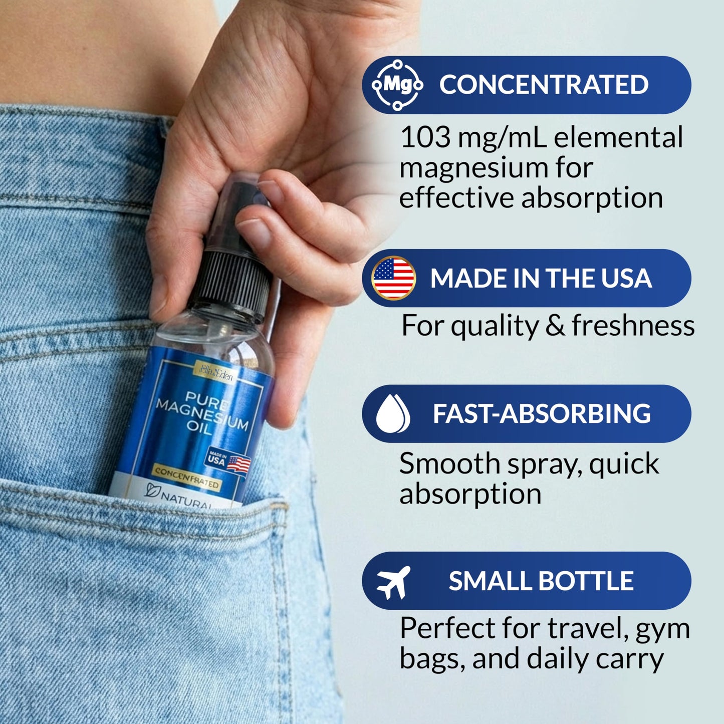 Ella & Eden Pure Magnesium Oil - 2 Oz Bottle -Topical Magnesium oil for Feet, Sleep, Muscle Relaxation, Leg Cramps - USA Made - Natural, No Additives, Concentrated Formula