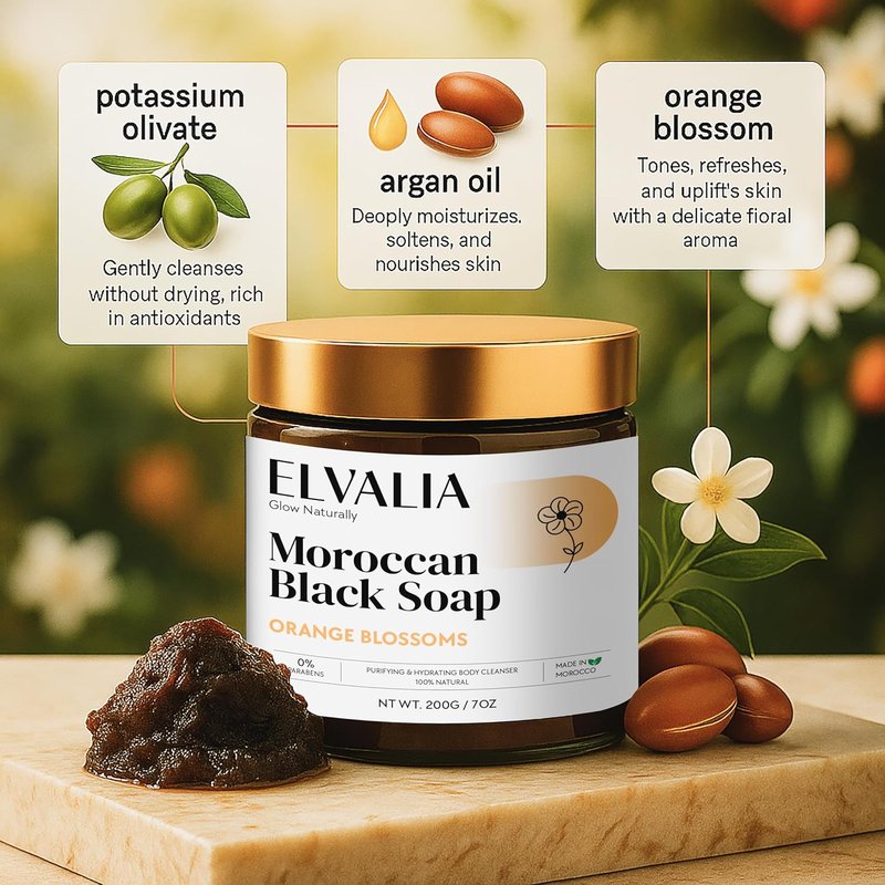Elvalia Moroccan Black Soap - Natural Hammam Cleanser & Exfoliating Body Treatment | Vegan, 200g (Orange Blossom)