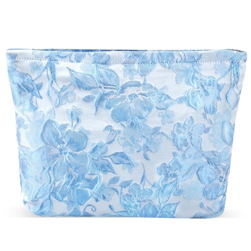ZLFSRQ Flower Makeup Bag Travel Cute Floral Cosmetic Bags for Women Large Makeup Pouch Zipper Cosmetic Pouch for Purse Aesthetic Embossed Blue Makeup Organizer Bag Portable Toiletry Bag