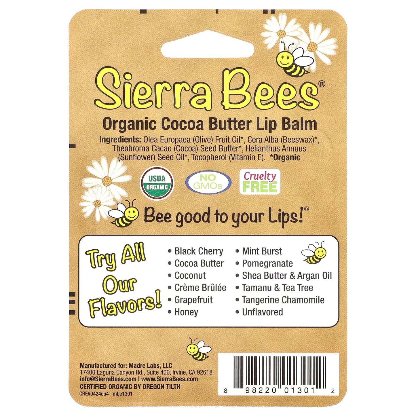 Sierra Bees Organic Lip Balms, Cocoa Butter, 4 Pack, 0.15 oz (4.25 g) Each