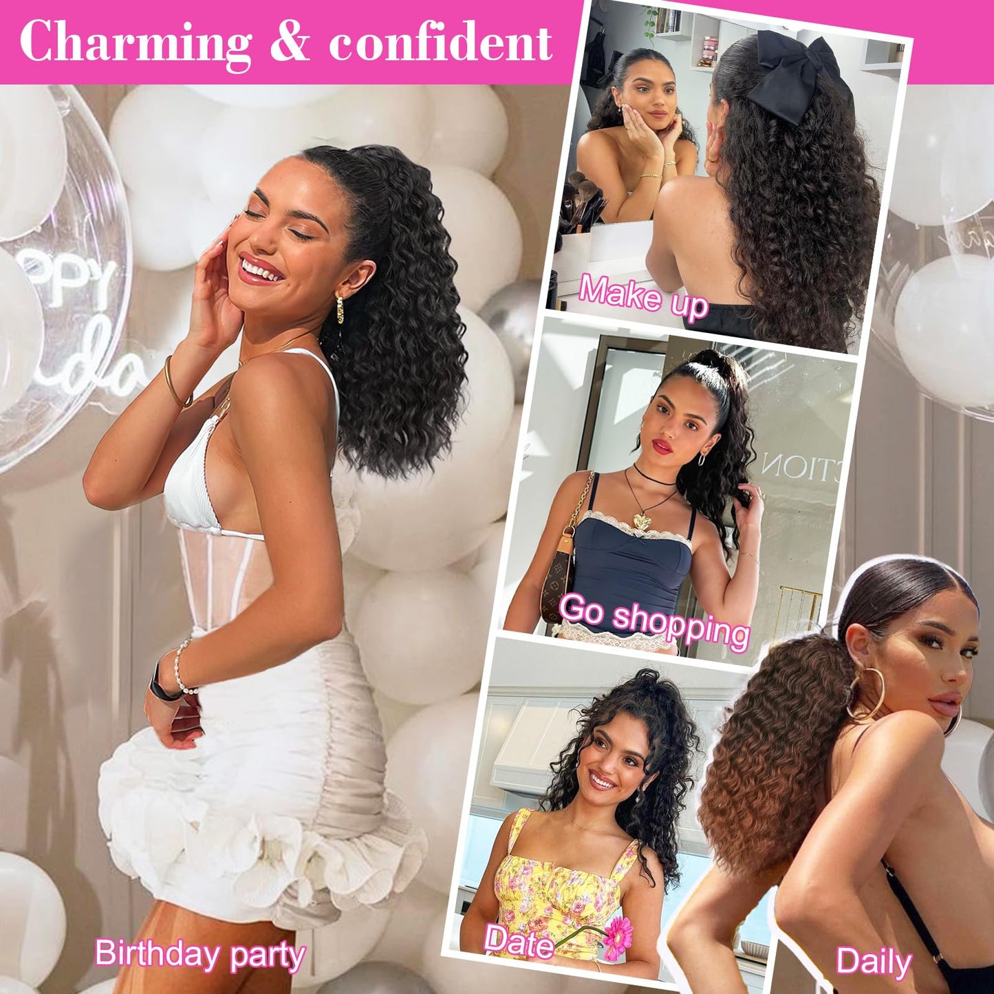 QGZ Ponytail Extension Drawstring Ponytail for Black Women 18 Inch Synthetic Long Afro Curly Fluffy Ponytail for Daily Use(Reddish Brown)