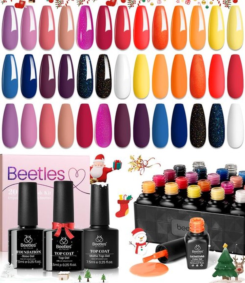 Beetles Gel Nail Polish Set 20 Colors- Fall Gel Polish Red Green Pink Orange Purple Blue Glitter Color Gel with Glossy Matte Top Coat &Base Coat