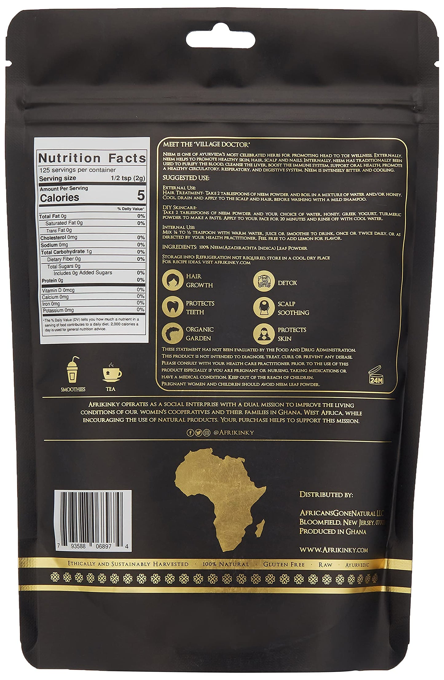 Afrikinky Neem Powder 250 Gram | 8.82 Ounce | for Skin Hair and Detox | Azadirachta Indica | Very Bitter | Natural