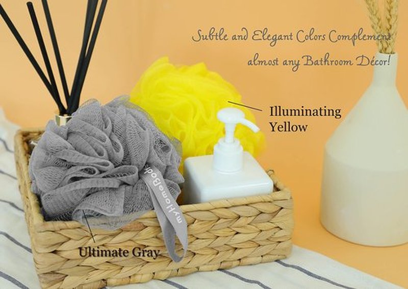 myHomeBody Large 70g Loofah Sponge, Body Scrubber, Bath Sponge, Loofah for Women, Men, Exfoliating Sponge Shower Pouf with Activated Charcoal - 2 Ultimate Gray + 1 Illuminating Yellow, 3 Pack