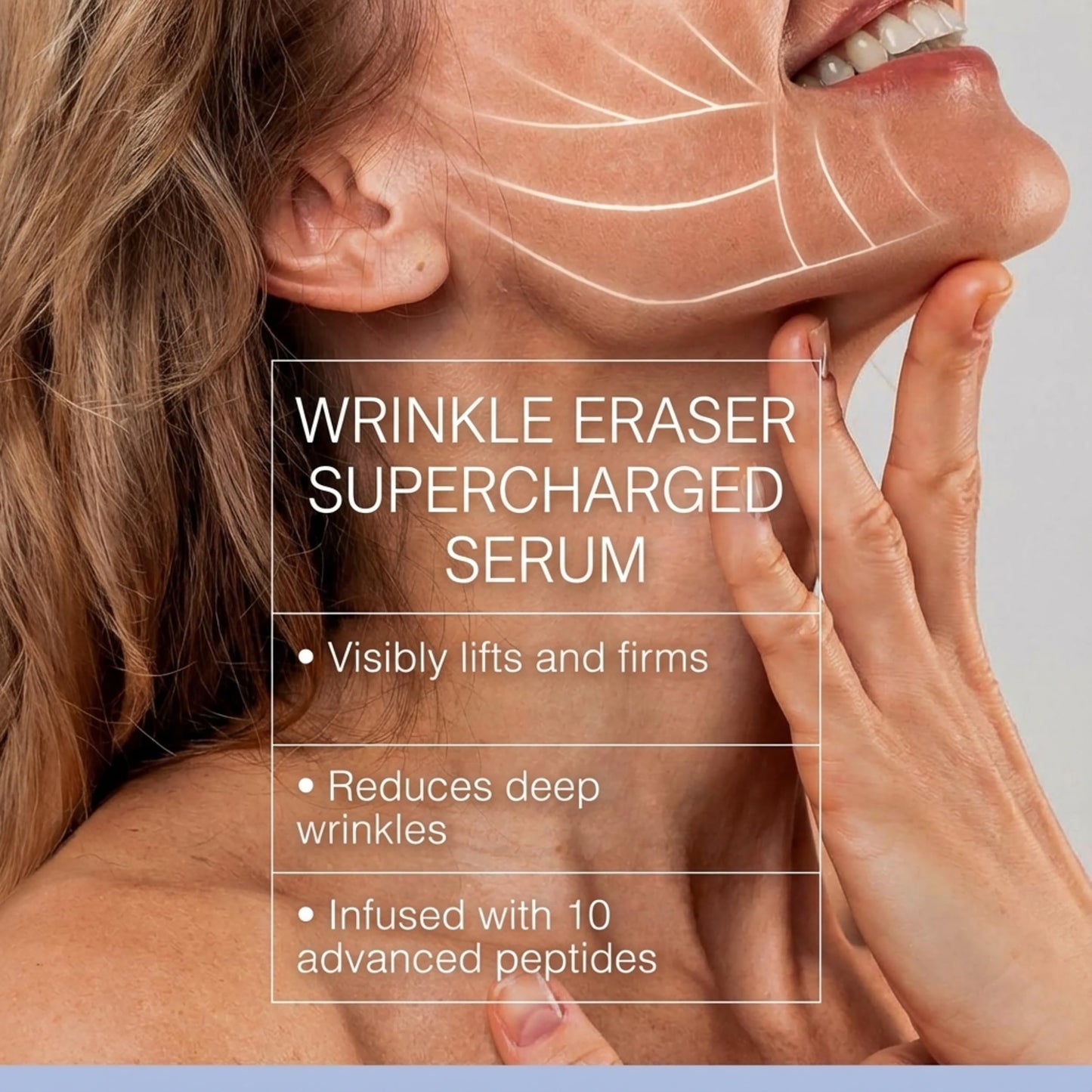 Wrinkle Eraser Supercharged Anti-Aging Peptide Serum Visibly Lifts Firms Hyaluronic Acid Argireline Snap 8 Matrixyl 3000 Edelweiss Inyline Pepha TIght Syn-Ake Juveleven Uplevity Skin Perfection