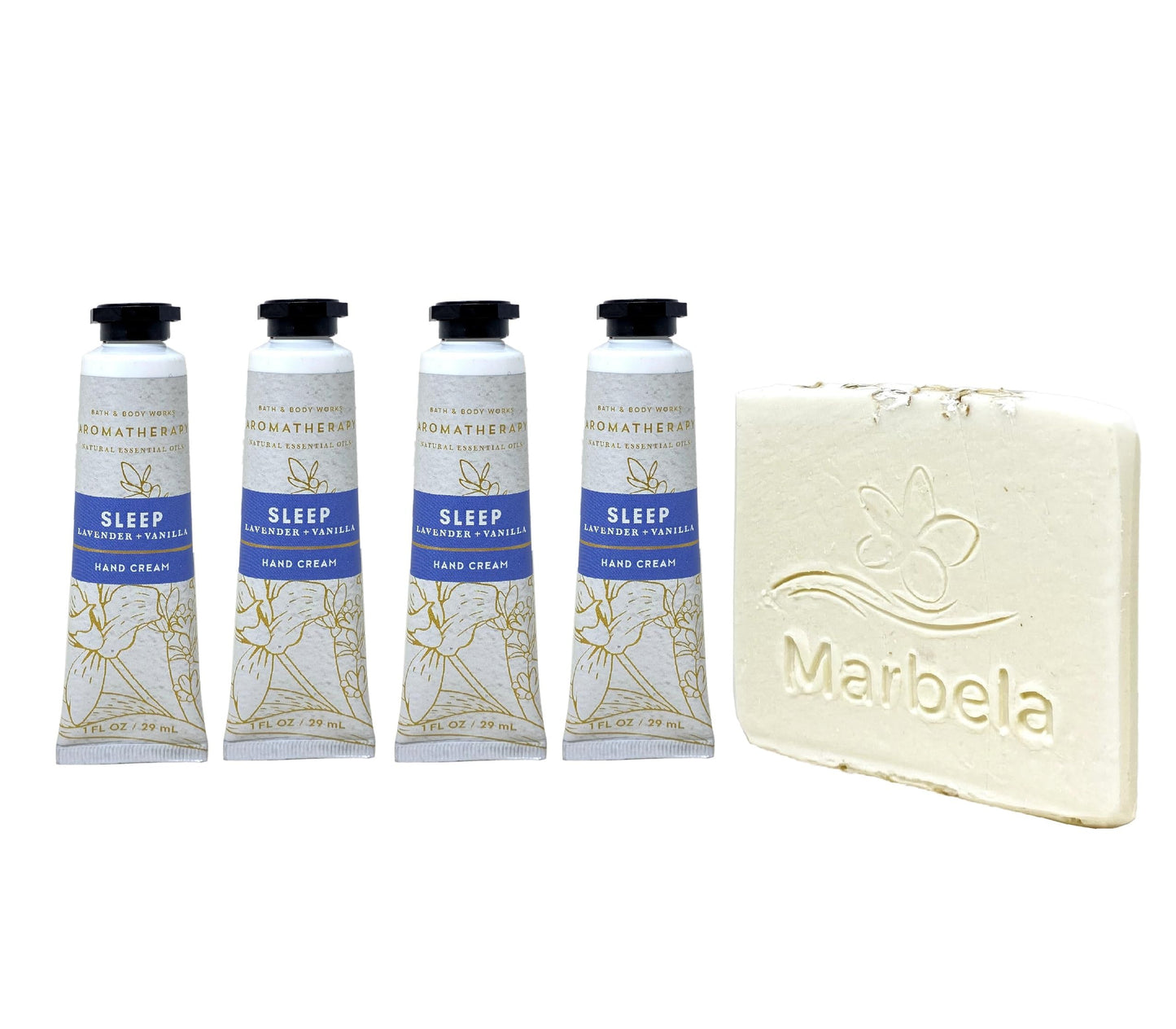 Bath & Body Works Aromatherapy Sleep Lavender + Vanilla 4 Pack Hand Cream Bundle with a Natural Oats Sample Soap