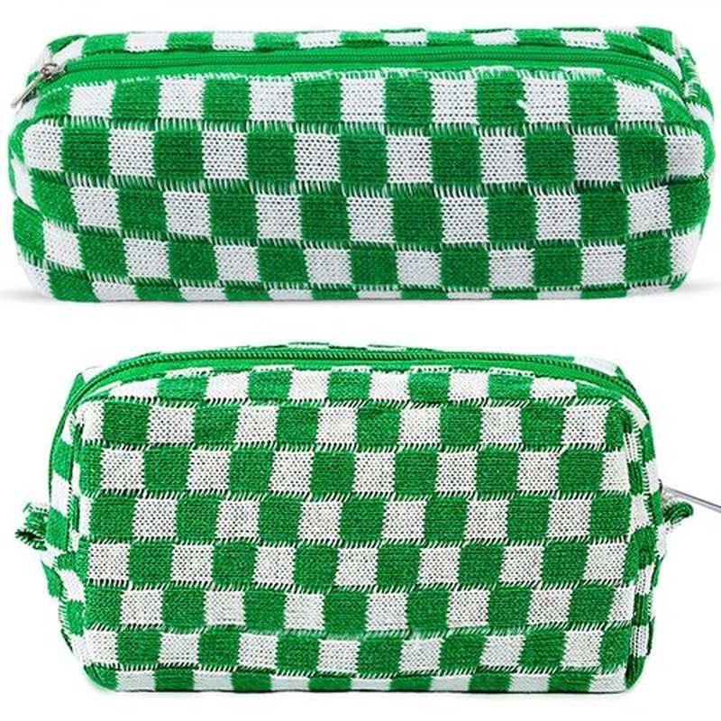 2Pcs Checkered Makeup Bag for Women Girls Pencil Pouch Travel Small Cosmetic Bag Set Cute Makeup Pouch Purse Pencil Case Pencil Bag Zippered Toiletry Bag Organizer Preppy Trendy Storage Bag(Green)