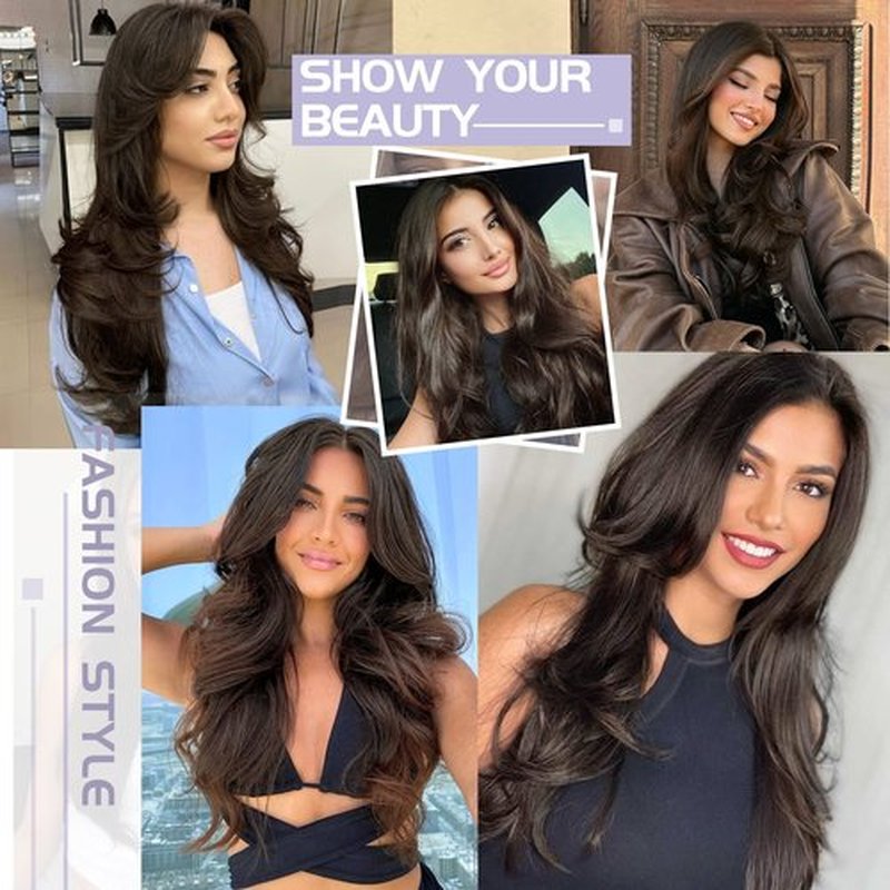 FREEMEIGE Clip in Hair Extensions Hair Extensions for Women Hair Extension Straight Layered Hair Extensions Clip ins Brown Synthetic Heat Resistant Long Wavy Daily Use 20 Inch