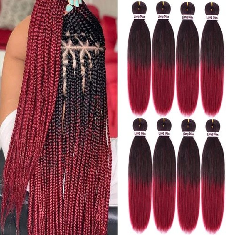 Liang Dian Pre-Stretched Braiding Hair 22 Inch 8 Packs Hot Water Setting Synthetic Hair Crochet Braiding Hair Extension (Ombre Wine Red)