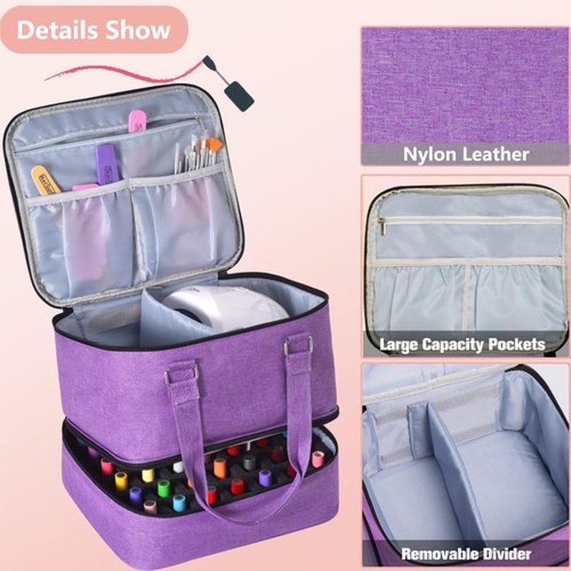 FCQQYWZ Nail Polish Organizer Case - Holds 42+ Bottles (15ml/0.5 fl.oz) and 1 Nail Lamp, Upgraded Double-layer Nail Polish Carrying Case Nail Polish Storage Bag with Handles (Purple)