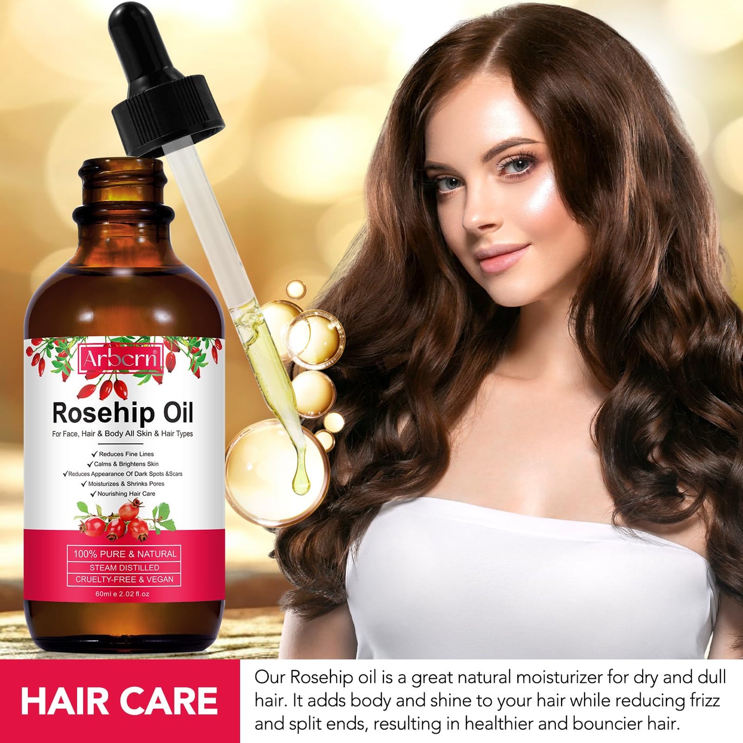 A r b c r n Rosehip Oil for Face,100% Pure Rosehip Seed Oil Cold Pressed Moisturizer for Hair, Skin & Nails 2 fl.oz
