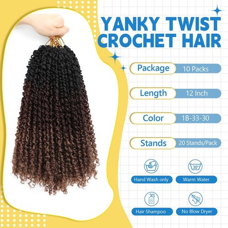Passion Twsit Hair 12 Inch - 1B/33/30 Yankee Twist Crochet Hair 10Packs Passion Twist Braiding Hair Prelooped Mini Spring Twist Crochet Hair for Black Women(12 Inch,1B/33/30)