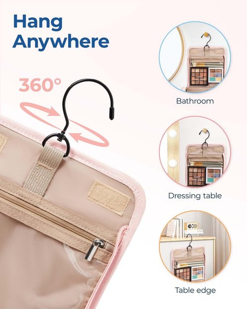 BAGSMART Makeup Bag Cosmetic Travel Bag with Hanging Hook, Water-resistant Make Up Bag Organizer for Accessories, Brushes, Sponge, Full-size Container, Toiletries, Pink